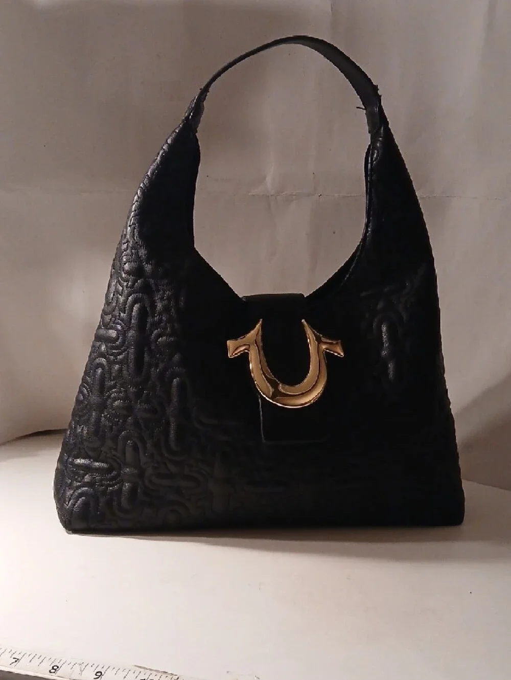 True Religion Women's Black Vegan Leather Logo Buckle Y2K Hobo Bag
